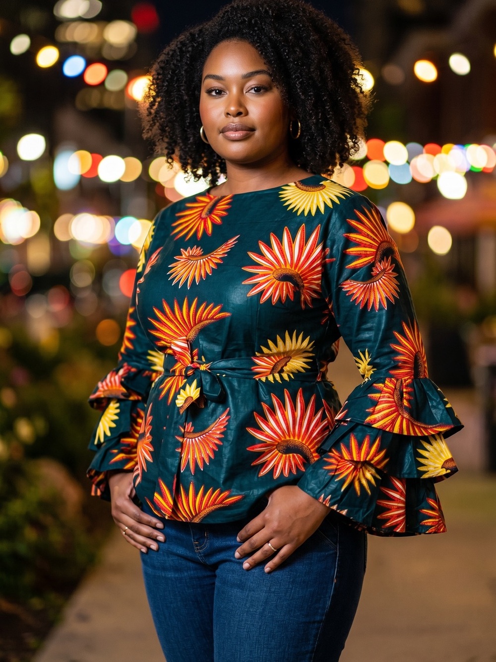 BNWOT! Ankara Print Long Ruffle/Sleeve Blouse